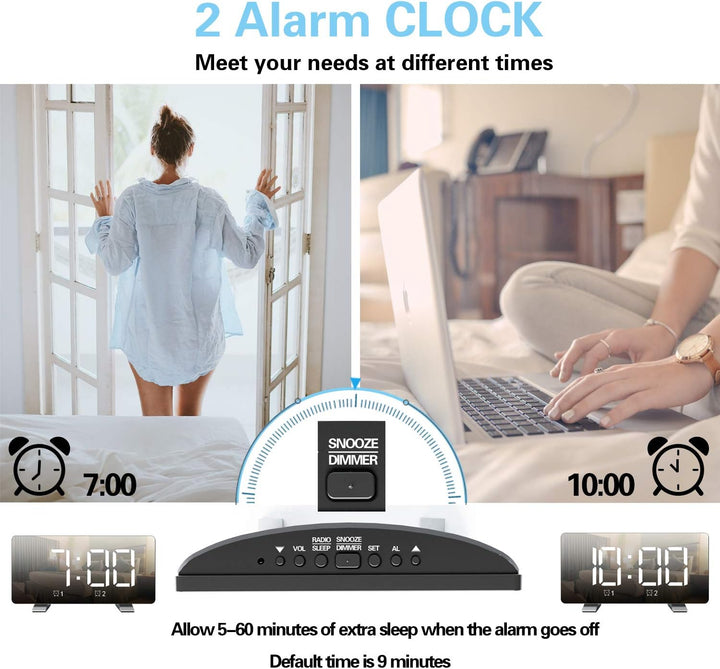 ThreeH Radiowecker für Schlafzimmer mit Zwei USB-Ladeanschlüssen 4 Dimmmodus 7,3'' LED-Bildschirm 12