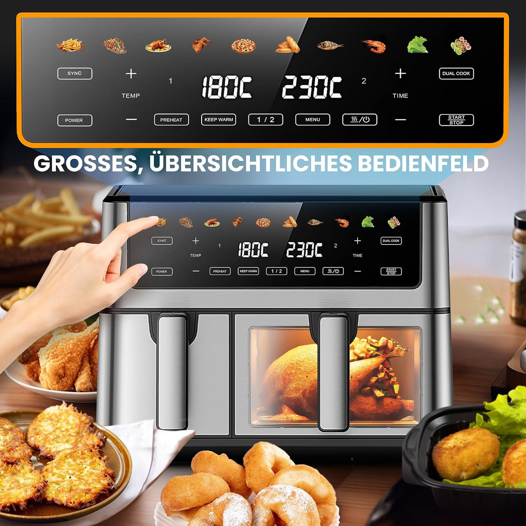 Extralink Heissluftfritteuse 2 Kammern 10L (6L+3.5L) – 2500W Doppelkammer Airfryer mit 8 Kochprogram