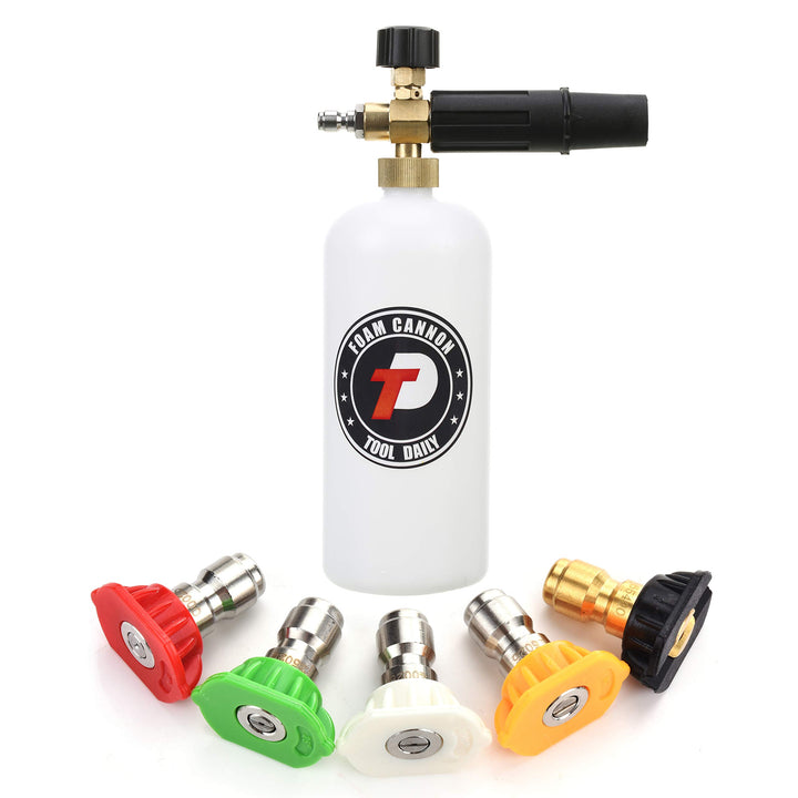 Schaumkanone mit 1/4 Inch Schnellverbindungsstick, 1 Liter Flasche, 5 Hochdruckreiniger Düsekopf 1/4