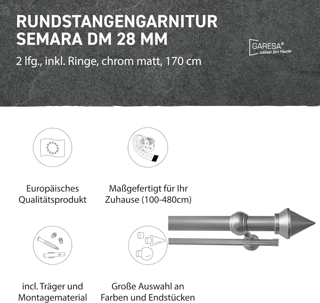 Garesa Gardinenstange Semara Ø 28mm, 2-läufig, Chrom, matt I Stabile Vorhangstange inkl. Ringe + Fal