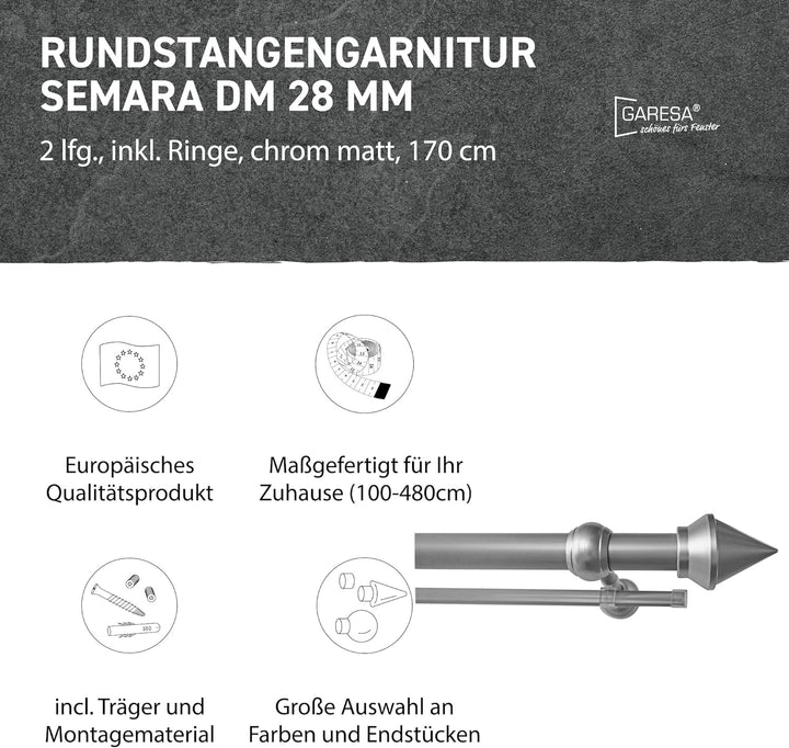 Garesa Gardinenstange Semara Ø 28mm, 2-läufig, Chrom, matt I Stabile Vorhangstange inkl. Ringe + Fal