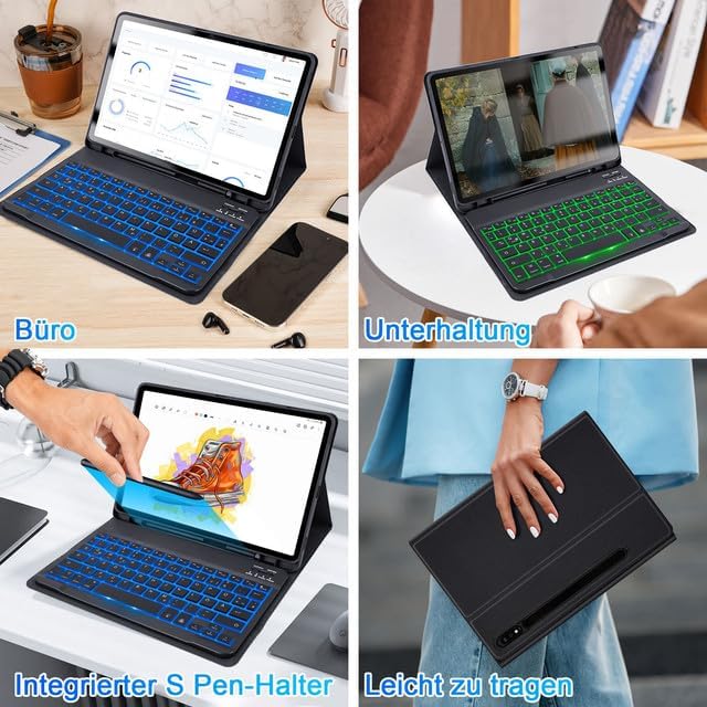 SOPPY Samsung Galaxy Tab S8/Tab S7 Hülle mit Tastatur, Kabellose 7-Farbige Beleuchtung Tastatur Hüll