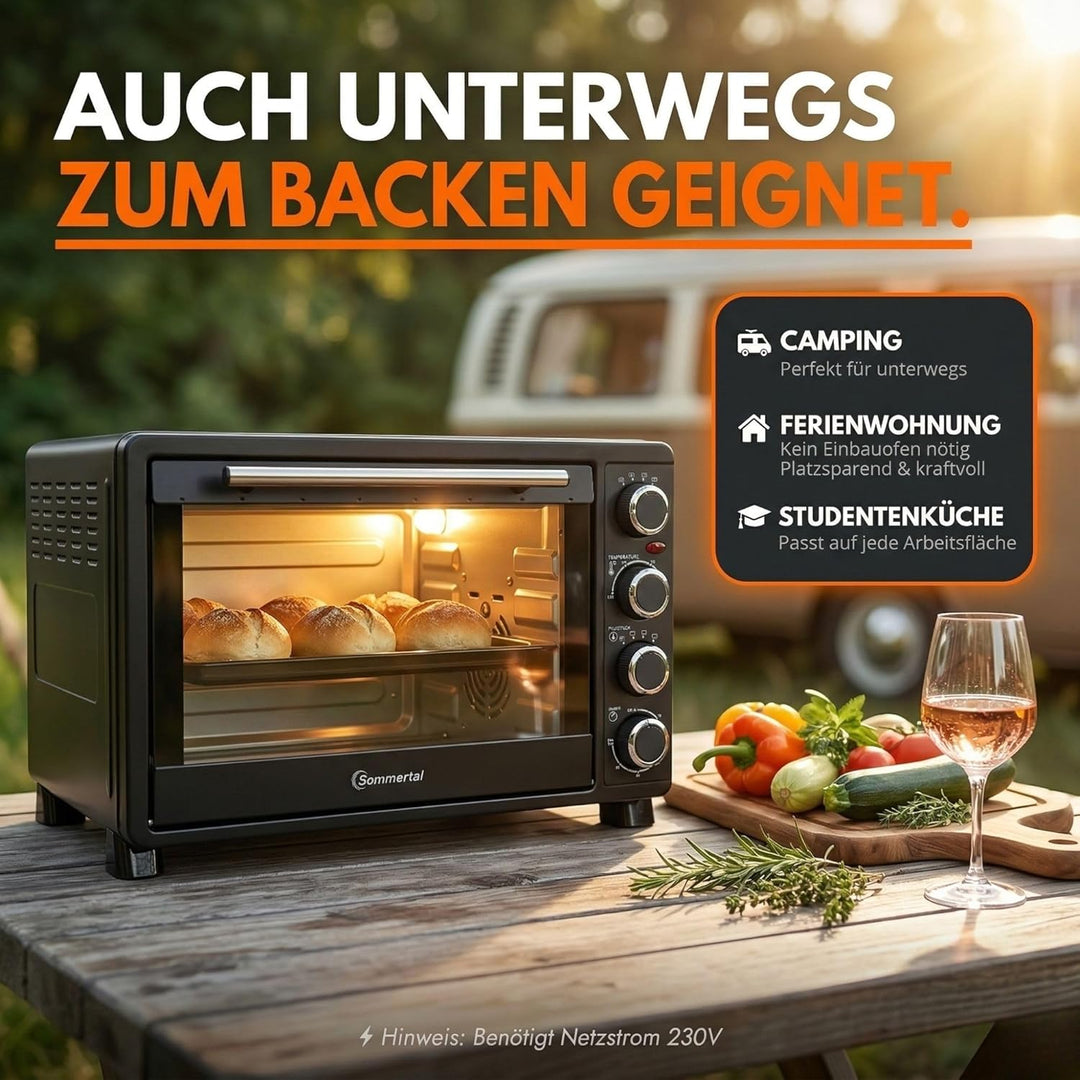 Minibackofen 30 Liter mit Drehspiess & Umluft, 1500W, 100–230°C, 60 Min. Timer, Hähnchengrill Mini B