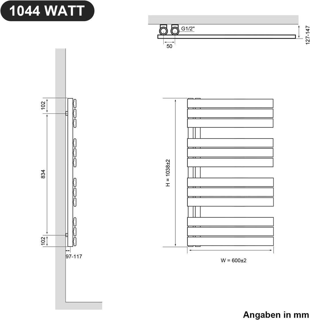 SONNI Handtuchheizkörper Flach Handtuchtrockner 1038 x 600 mm Weiss Handtuchwärmer Seitenanschluss P