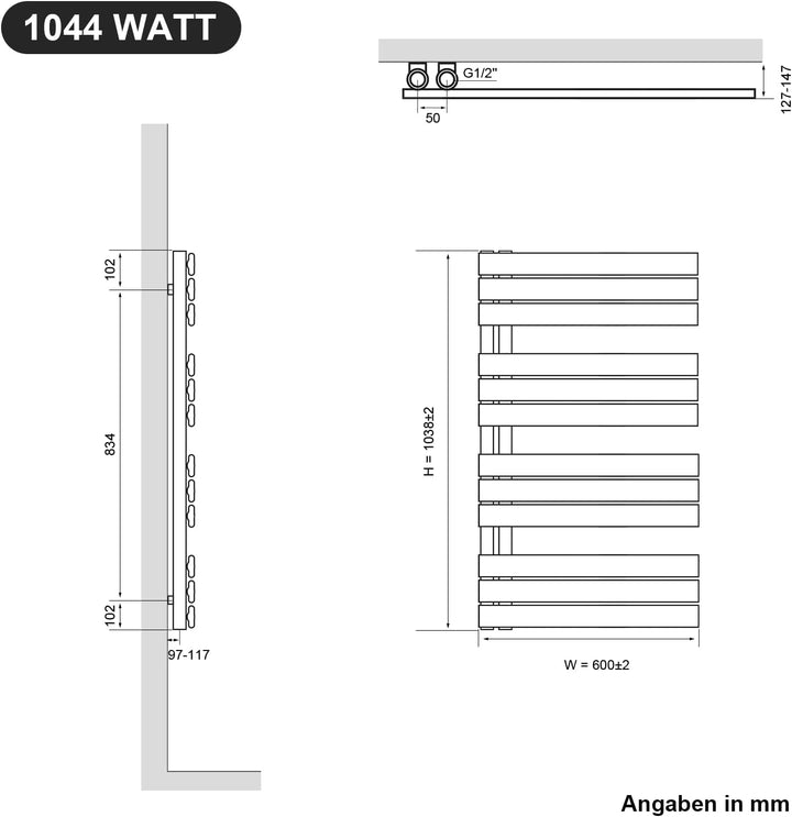 SONNI Handtuchheizkörper Flach Handtuchtrockner 1038 x 600 mm Weiss Handtuchwärmer Seitenanschluss P