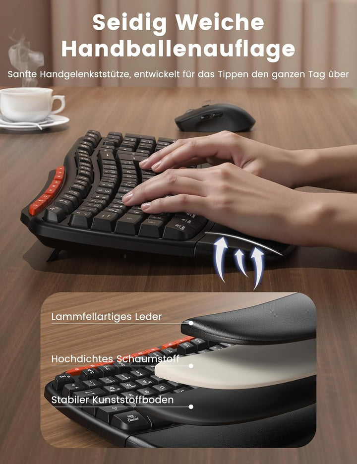Tastatur Maus Set Kabellos, 2,4GHz Wave Tasten in Voller Grösse, Ergonomische Tastatur mit Gepolster