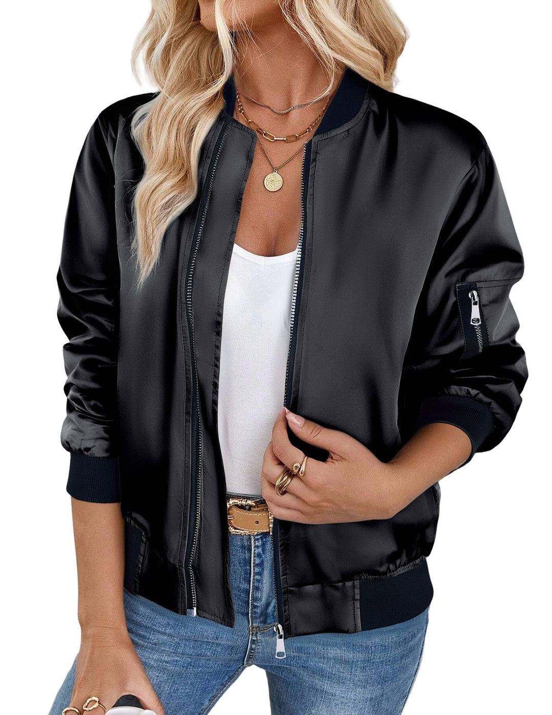 Zeagoo Bomberjacke Damen Kurze Blouson Jacke Casual Pilotenjacke Langarm Outwear Zip Up Solid Leicht