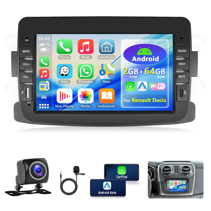 2GB+64GB Carplay Autoradio für Renault Dacia 2012-2017 Radio mit Wireless Android Auto, 7“ Bildschir