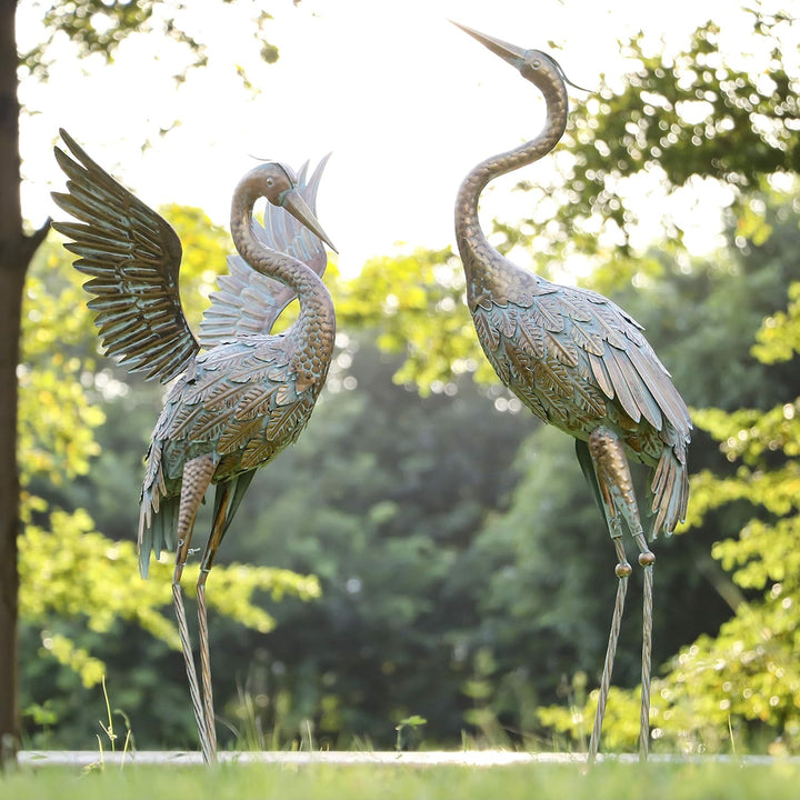 TERESA'S COLLECTIONS Metallvögel Kraniche Gartenfiguren für Teich 2er Set 99/ 85cm grosse Vogel Kran