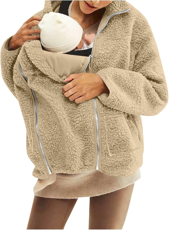 SYDUZAX Umstandsjacke mit Babyeinsatz Warm Teddy Fleecejacke Umstands Baumwolljacke Winter Umstandsm