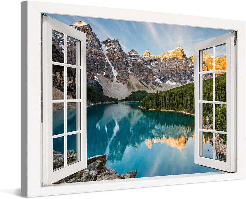 PICANOVA – Bild auf Leinwand Bergsee Moraine Fenster 120x80cm Leinwandbild – Premium Leinwanddruck –