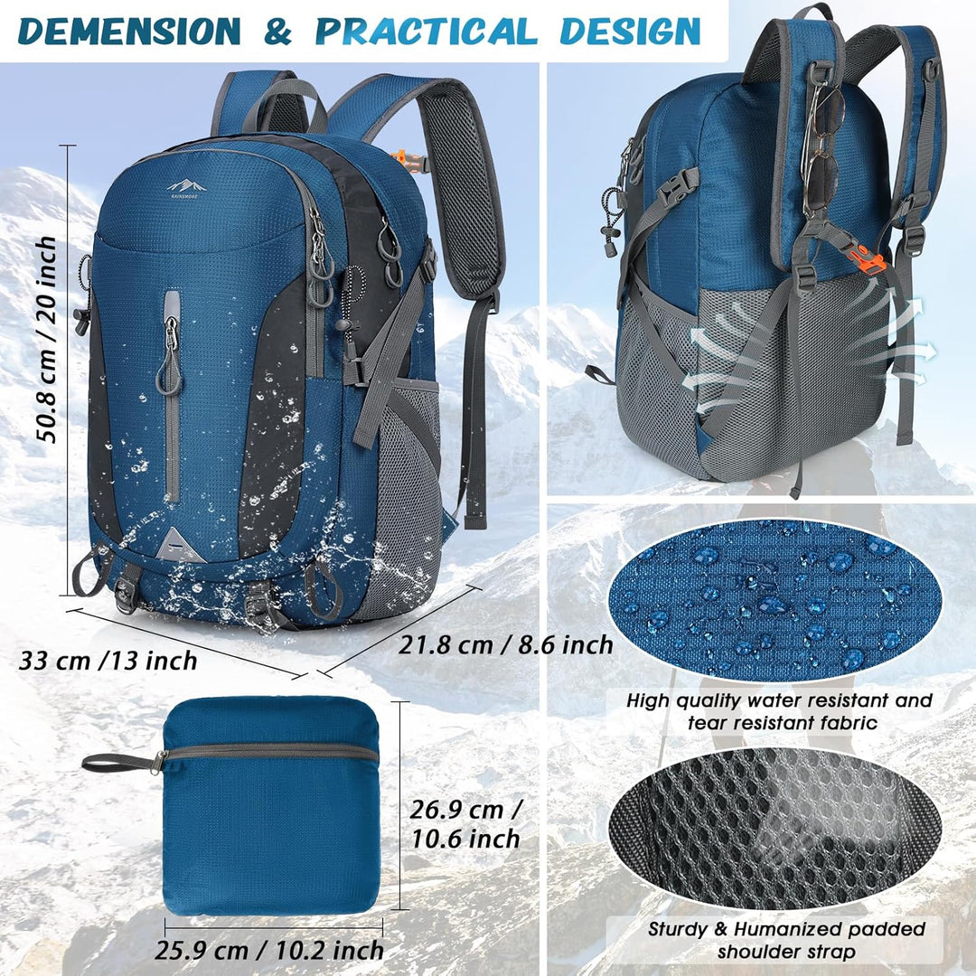 RAINSMORE Wanderrucksack Herren Damen 40L Wasserdichter Rucksack Leichter Faltbarer Reiserucksack Gr