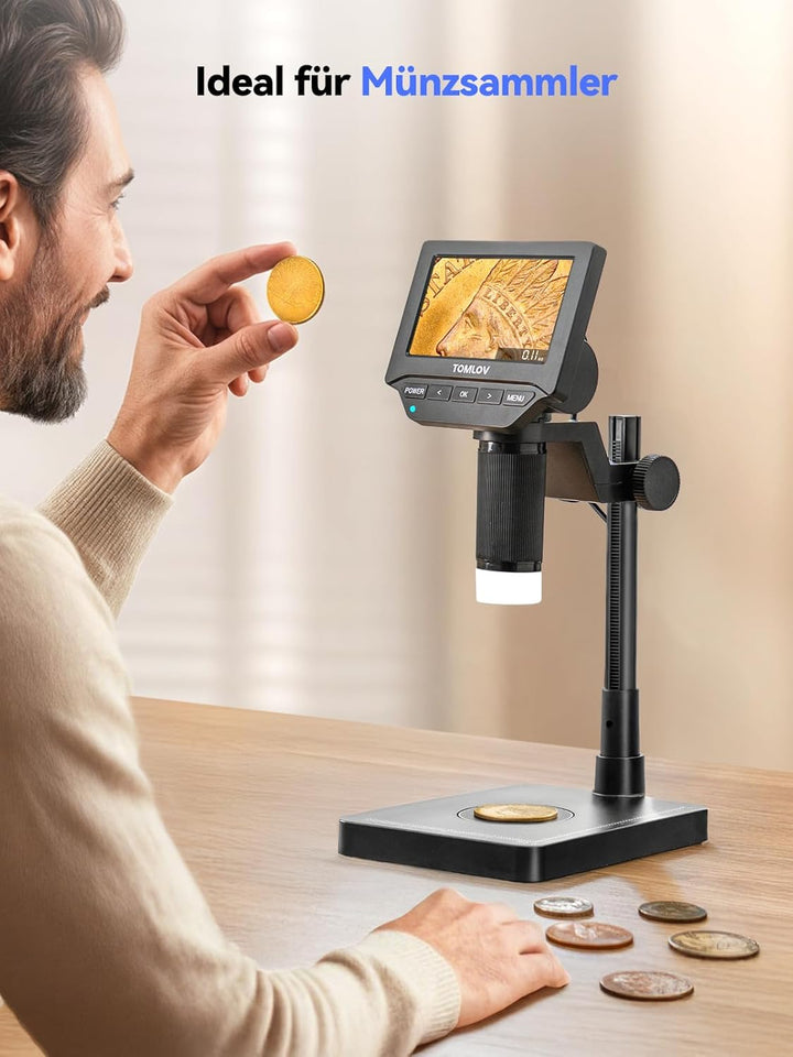 TOMLOV DM4W Mikroskop Digital mit Waage: Münzmikroskop mit 4,3" IPS-Bildschirm, USB Münzlupe mit LED