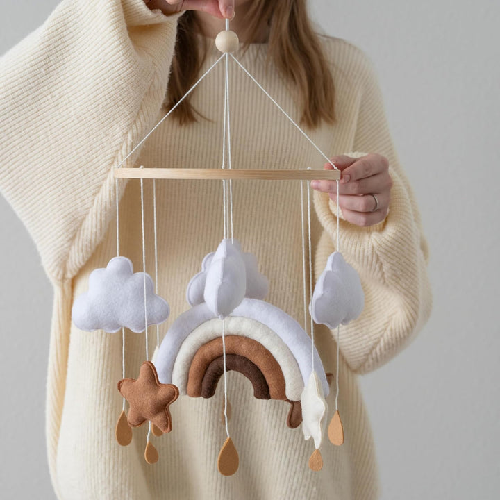 Mobile Baby Babybett Windspiel Filz | Regenbogen, Sterne & Wolken | hängende Dekoration Wickeltisch