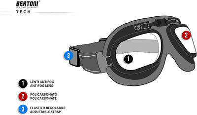 BERTONI Motorradbrille aus Schwarz Kalbsleder - Schultzbrille Rote Baron - Matt Schwarz Stahlrahmen