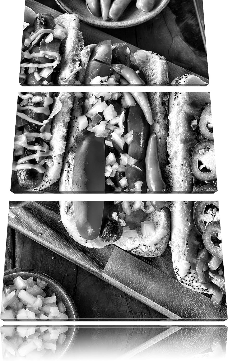 Pixxprint Amerikanische Hotdogs als Leinwandbild/Grösse: 3 Teilig (120x80) cm/Wandbild/Kunstdruck/fe