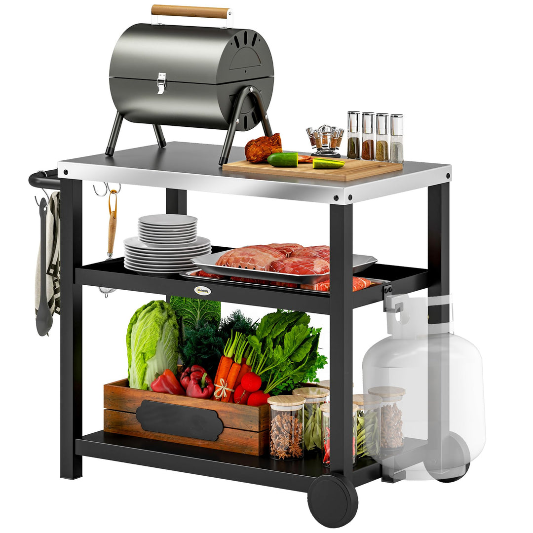 Outsunny Grillwagen 3-Etagen Servierwagen mit Arbeitsfläche Ablagen Haken Räder, Edelstahl BBQ Grill