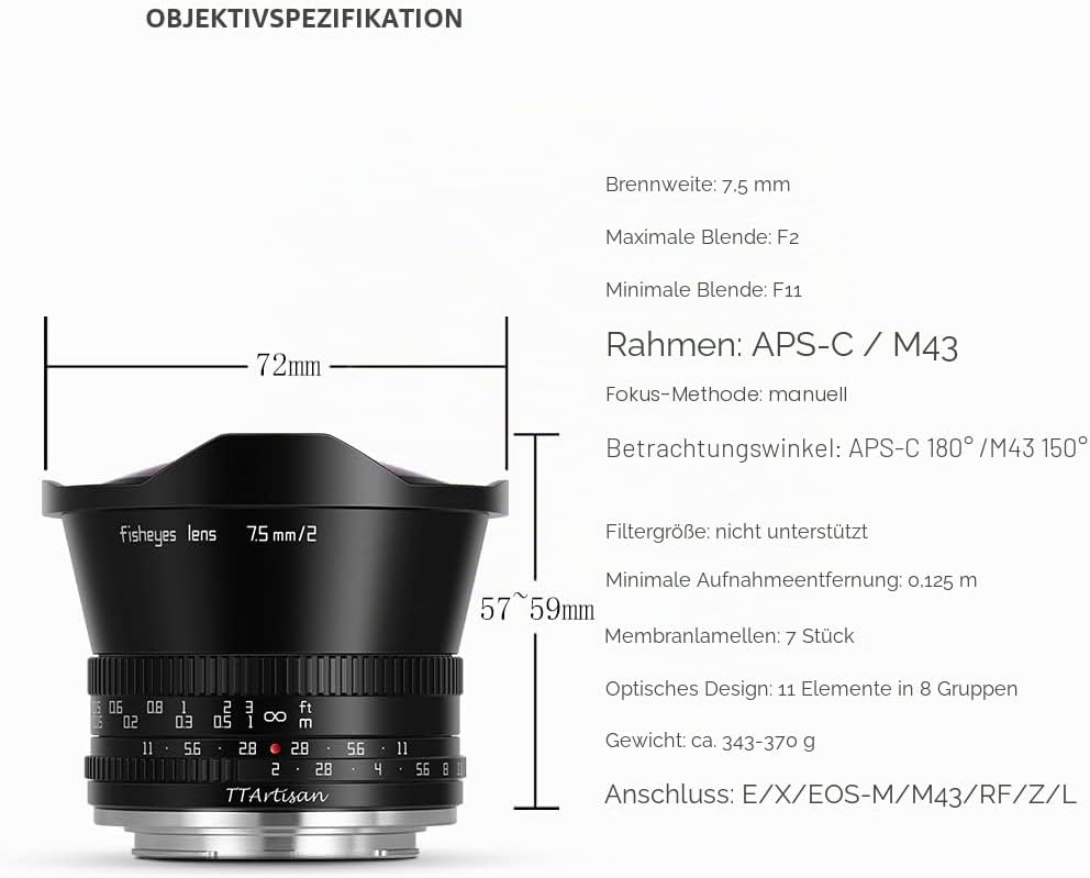TT Artisan 7.5mm F2.0 APS-C Fisheye Objektiv Anschluss MFT Mount Black Ultra-Weitwinkelobjektiv mit