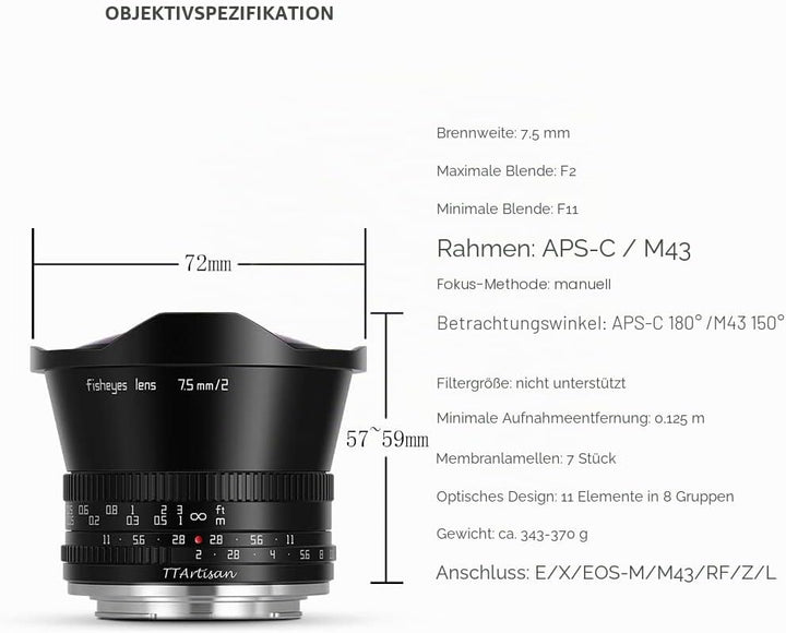 TT Artisan 7.5mm F2.0 APS-C Fisheye Objektiv Anschluss MFT Mount Black Ultra-Weitwinkelobjektiv mit