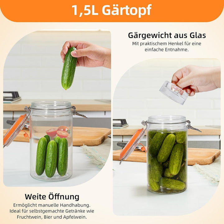 1,5L Fermentierglas Set mit 2 Fermentiergewichte - Fermentationsglas für Kimchi, Sauerkraut, Kombuch