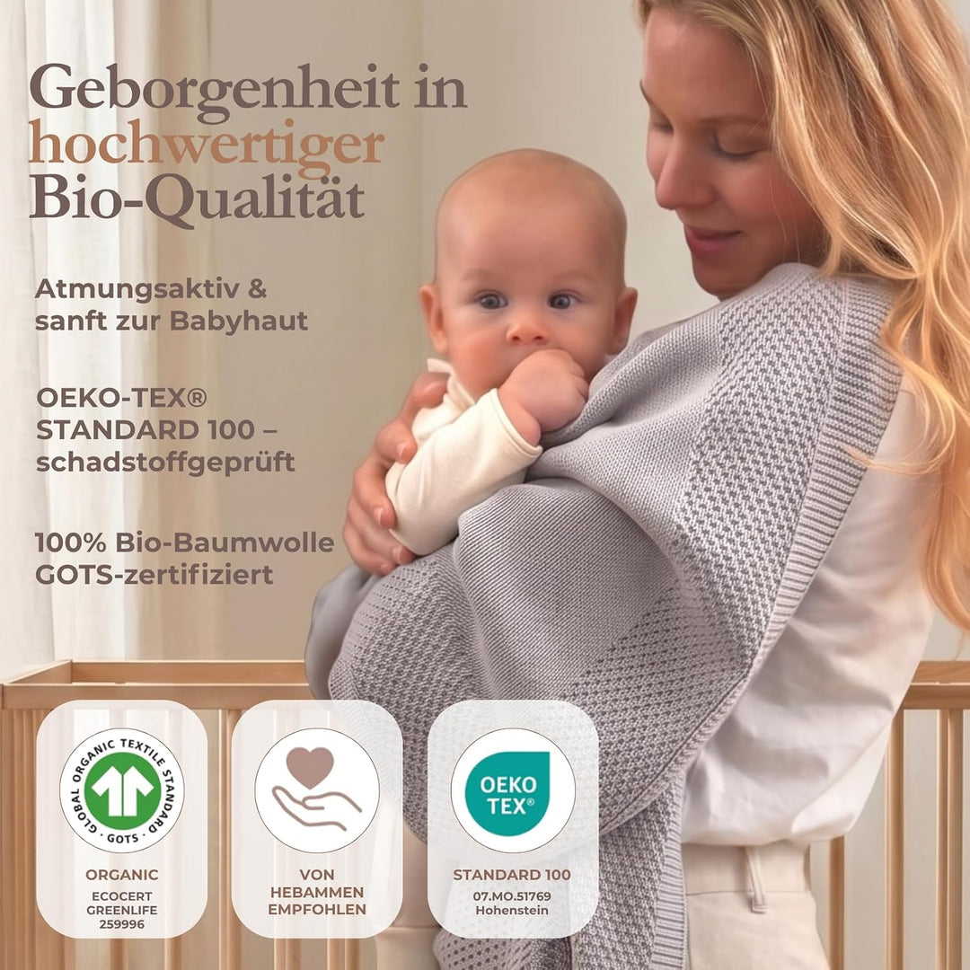 DIKOS® Babydecke aus *100%* GOTS Bio Baumwolle grau | Herbst/Winter Neugeborenen Baby Decke | Strick