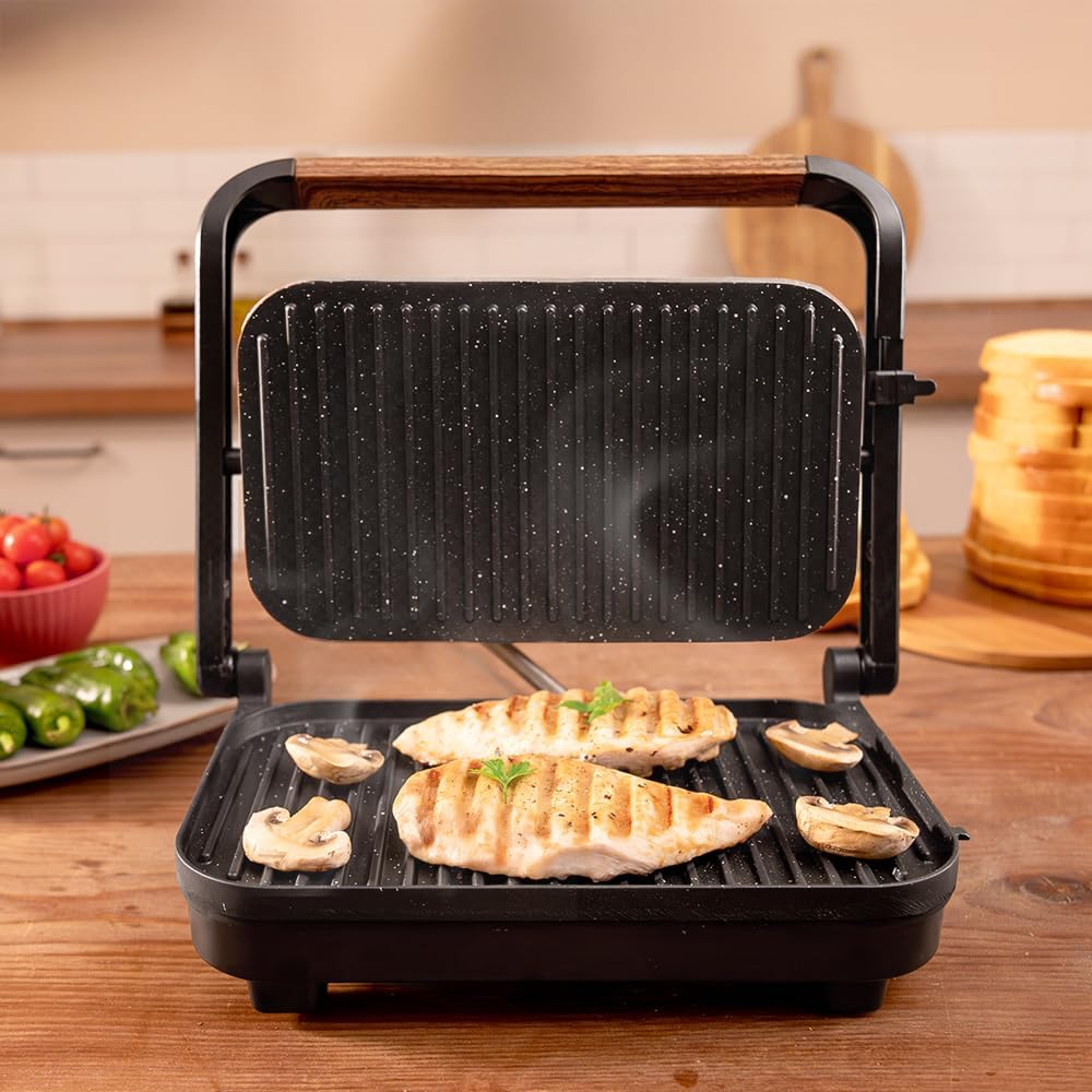 Cecotec Elektrischer Grill Rock'Ngrill 1300 Wood B. Leistung von 1300W, schwarzes Design, Rockstone-