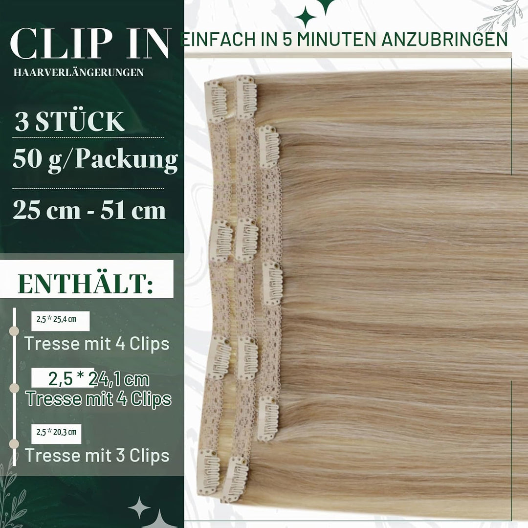 RUNATURE Clip in Extensions Echthaar Dunkel Aschblond mit Goldblond Clip in Haarextension Echthaar C