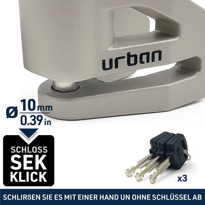URBAN UR208T Bremsscheibenschloss Motorrad mit Erinnerungskabel, Leichtes Design, 10 mm Sicherungsst