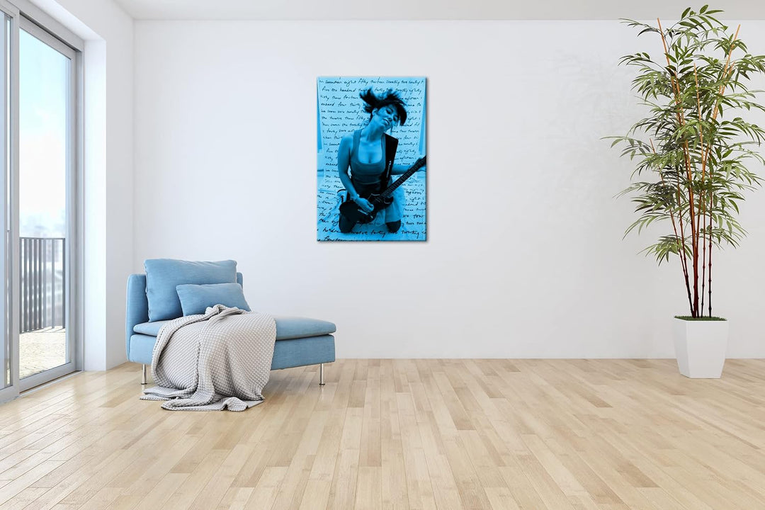 deyoli Sexy Gitarrenspielerin Format 100x70 Effekt: Monocrome Blau als Leinwandbild, Motiv fertig ge