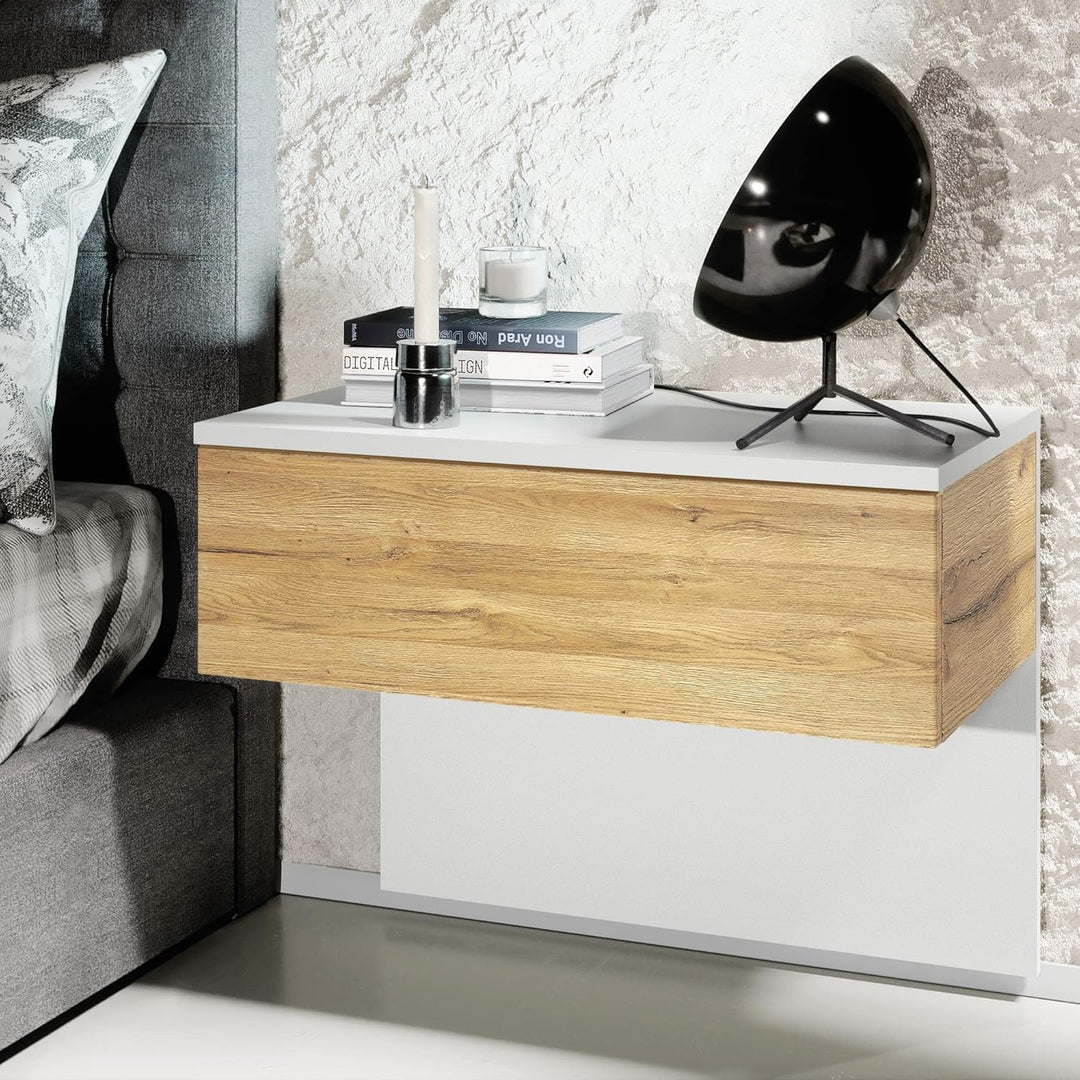 Vladon Nachttisch Sleep, Nachttischschrank mit Schublade zur Wandmontage, Weiss matt/Eiche Natur (60