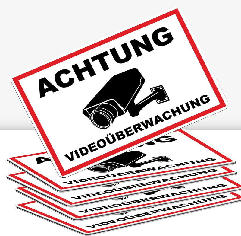 5 Stück Achtung Videoüberwachung Schild 30 x 20 cm Alu 3mm Alu-Dibond stabile Aluminiumverbundplatte