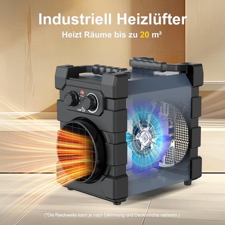 Professioneller Heizlüfter mit Schwerem Stahlgehäuse 2000 Watt Bauheizer Elektroheizer Bautrockner f