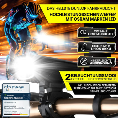 Dunlop Sports Fahrradlicht Set Fahrrad Licht - Extra helles LED mit Hochleistungs Akku - Fahrradbele