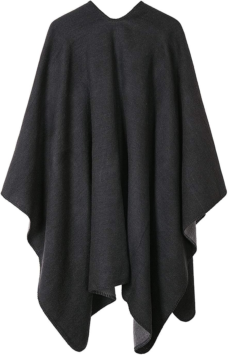 Shmily Girl - Damen Poncho Habe Gestrickt Überdimensionalen Decke Kap-Schal Schwarz & Grau, Schwarz