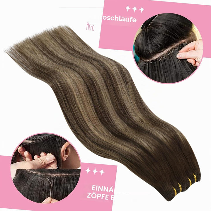 YoungSee Echthaar Tressen Ombre Tressen Echthaar zum Einnahen 45cm Haartressen Echthaar Dunkelbraun