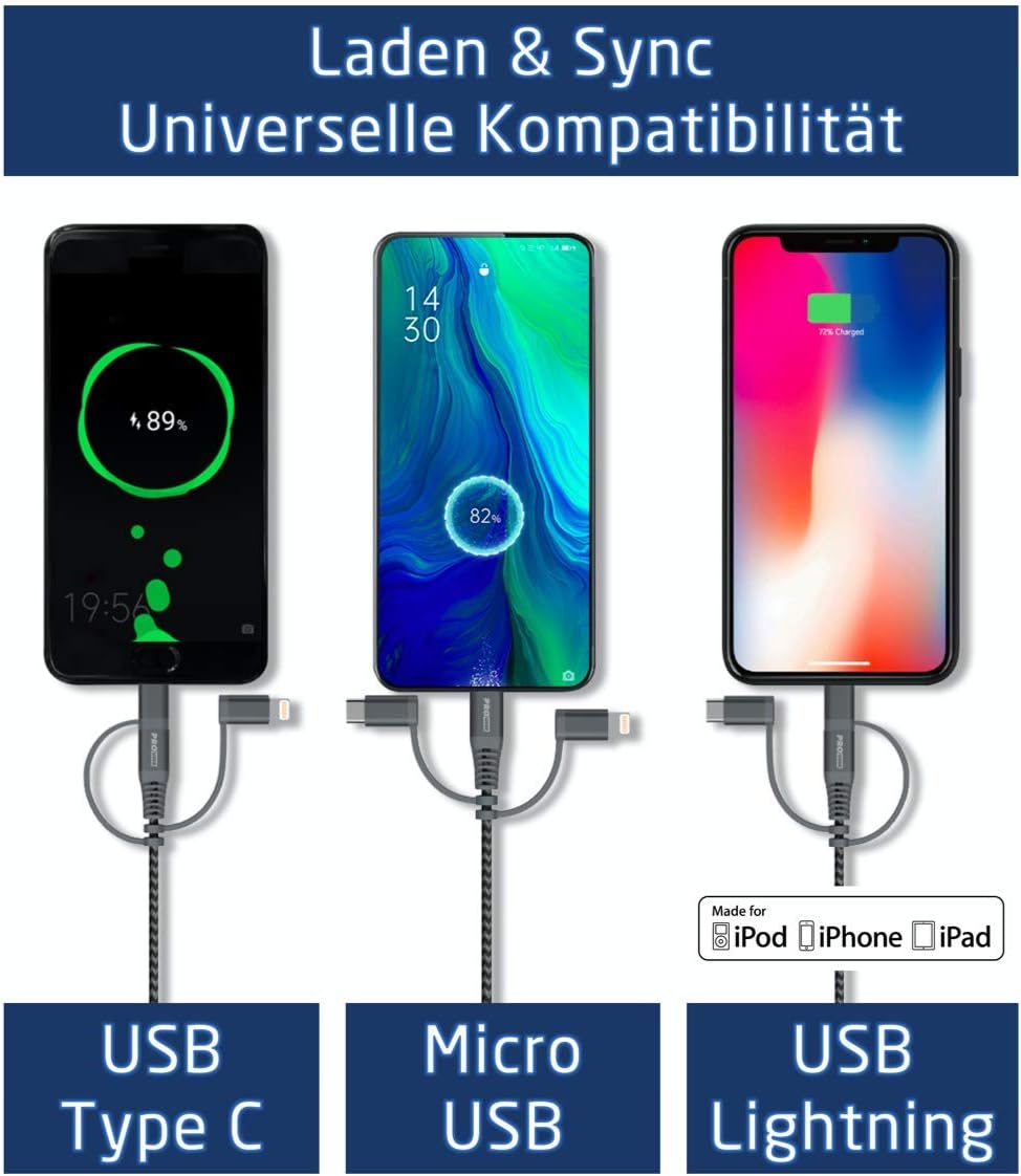 Pro User Set: Car USB Charger 30W + 3-in-1 USB Kabel – USB C- Lightning – Micro USB, das extra klein