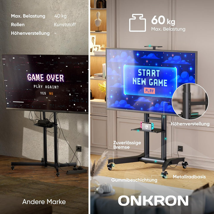 ONKRON TV Ständer rollbar für 32-75 Zoll TV bis zu 60 kg, Fernsehständer höhenverstellbar 200x200-60