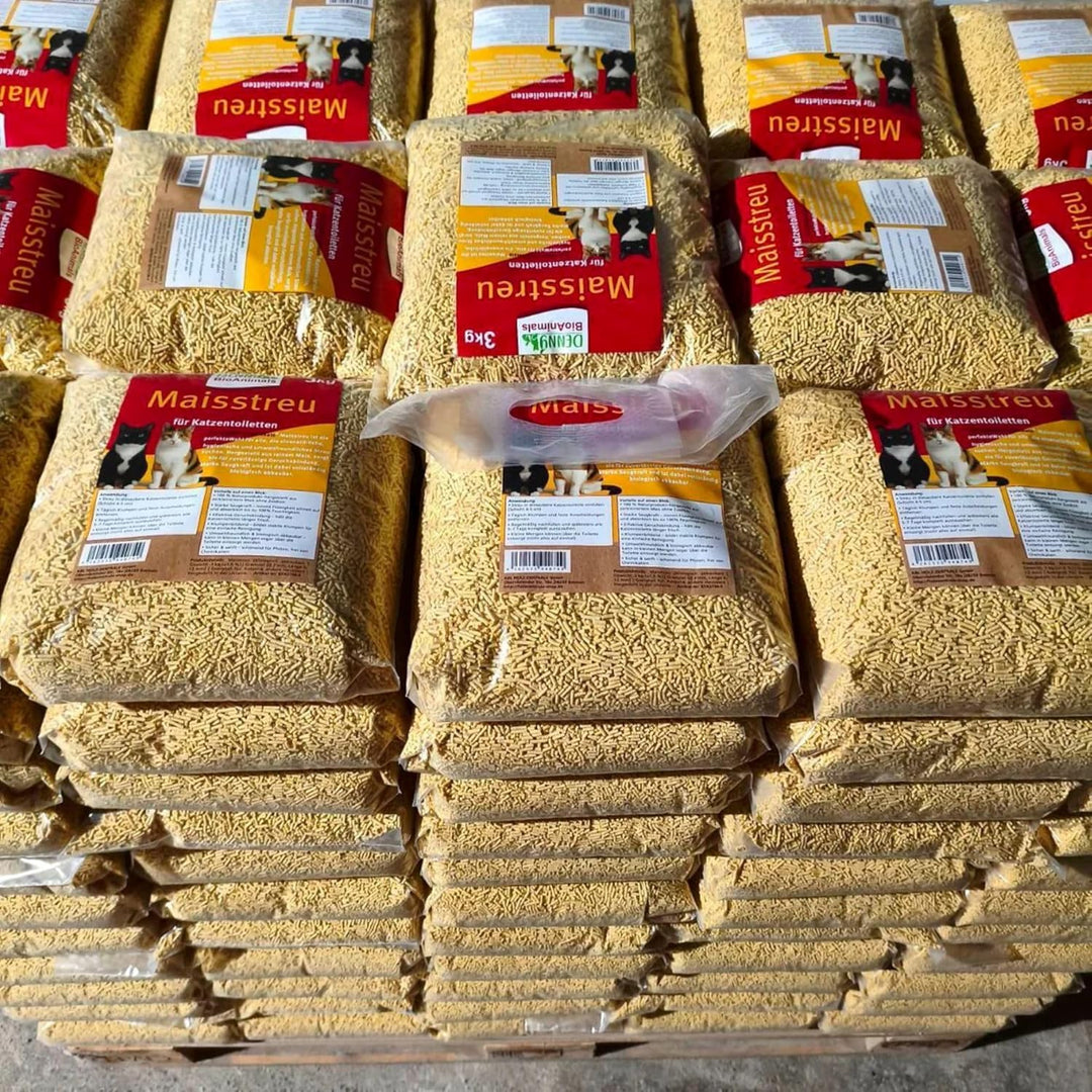 Maisstreu Katzenstreu 30 kg (10 Säcke je 3 kg), 80 L – 100% natürlich &amp; biologisch abbaubar – klumpe