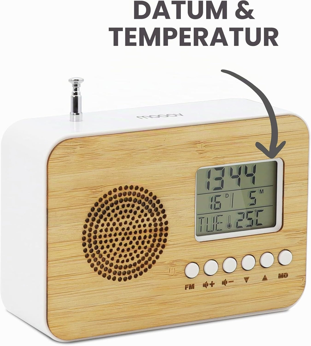 Mooov 477320 Reisewecker Bamboo, LCD-Display, integriertes Radio, Sleep-Funktion, Innentemperaturanz