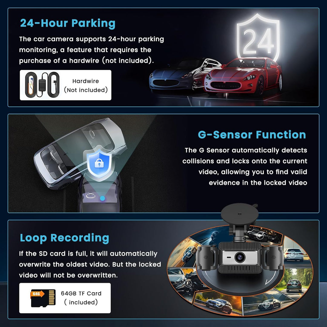 4 Kanal Dashcam Auto, 360 Grad Dashcam FHD 1080P Vorne Hinten Innen Links und Rechts mit 64GB SD Kar