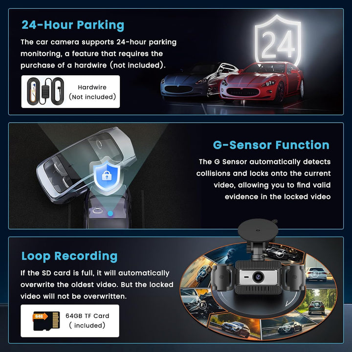 4 Kanal Dashcam Auto, 360 Grad Dashcam FHD 1080P Vorne Hinten Innen Links und Rechts mit 64GB SD Kar