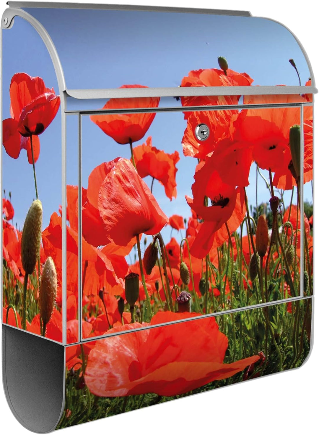 banjado® Design Briefkasten mit Motiv Mohnblumen 39x47x14cm &amp; 2 Schlüssel - Briefkasten Stahl Silber