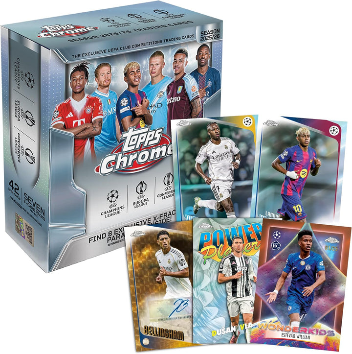 2025-26 Topps Chrom UEFA Club-Wettbewerbe Fussball – Fabrikversiegelt – Mega-Box