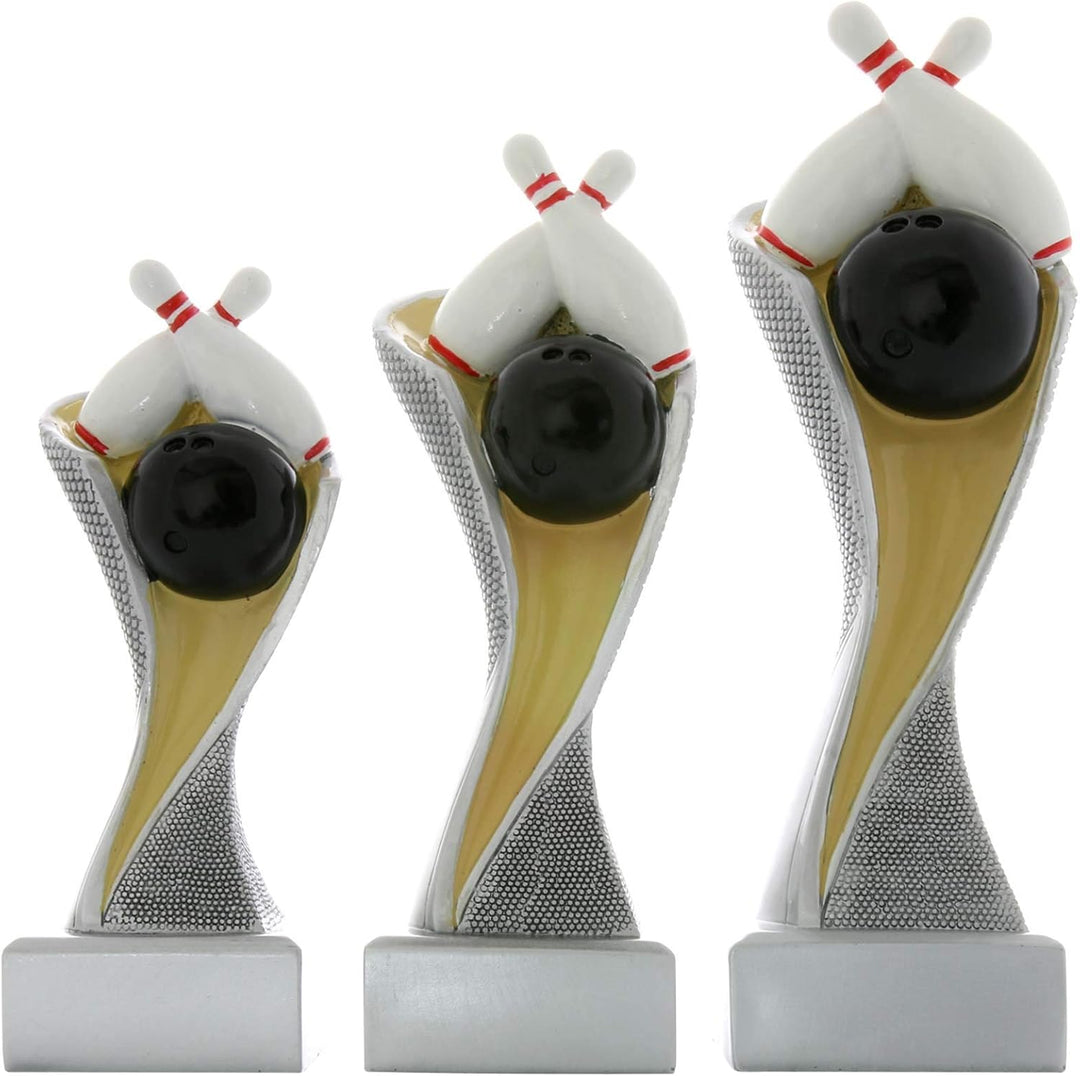 Bowling Kegeln Pokal Pokalset METZ mit Gravurplatte und Gravur Set je 1x 14, 16,5 und 19 cm, Set je