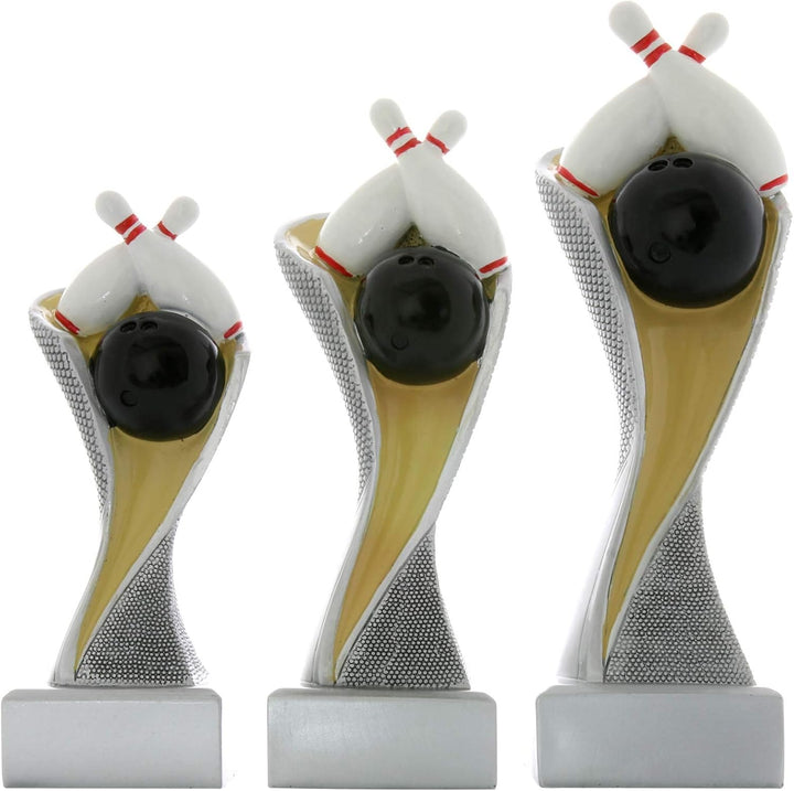 Bowling Kegeln Pokal Pokalset METZ mit Gravurplatte und Gravur Set je 1x 14, 16,5 und 19 cm, Set je