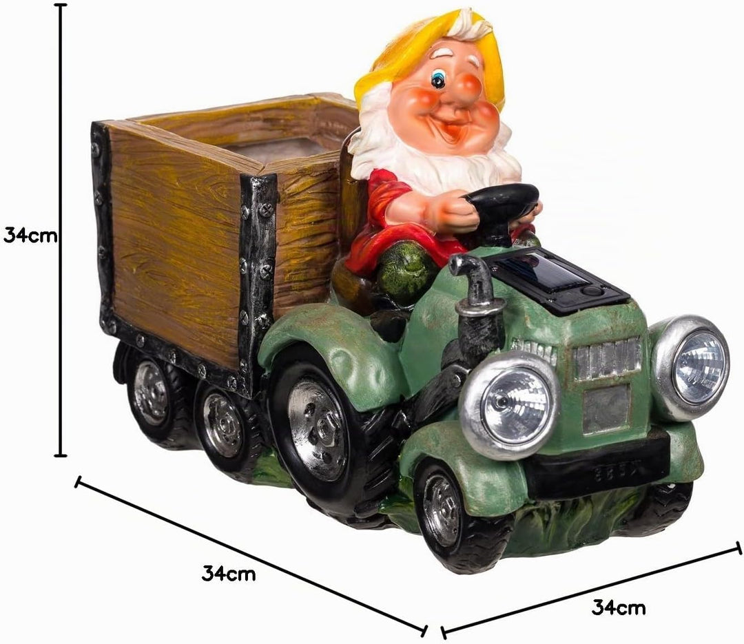 Birendy Figur, Zwerg, 15177-2 Gartenzwerg Gartenwichtel mit 2 Solarlampen (Scheinwerfer) Traktor Led