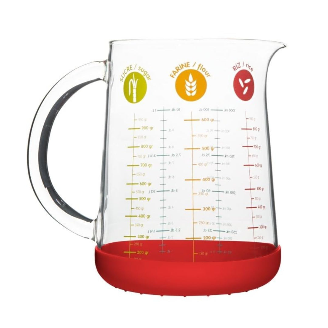 Pebbly PKM-1000R MESSBECHER MIT SILIKONBODEN 1L, Borosilikatglas, Silikon, Rot, 11,9 x 11,9 x 15,8 c