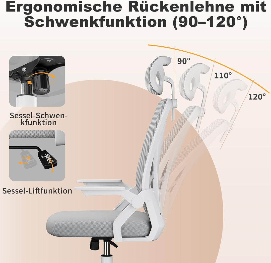 naspaluro Ergonomischer Bürostuhl, Schreibtischstuhl mit 90° Klappbaren Armlehnen, Einzigartige Lend