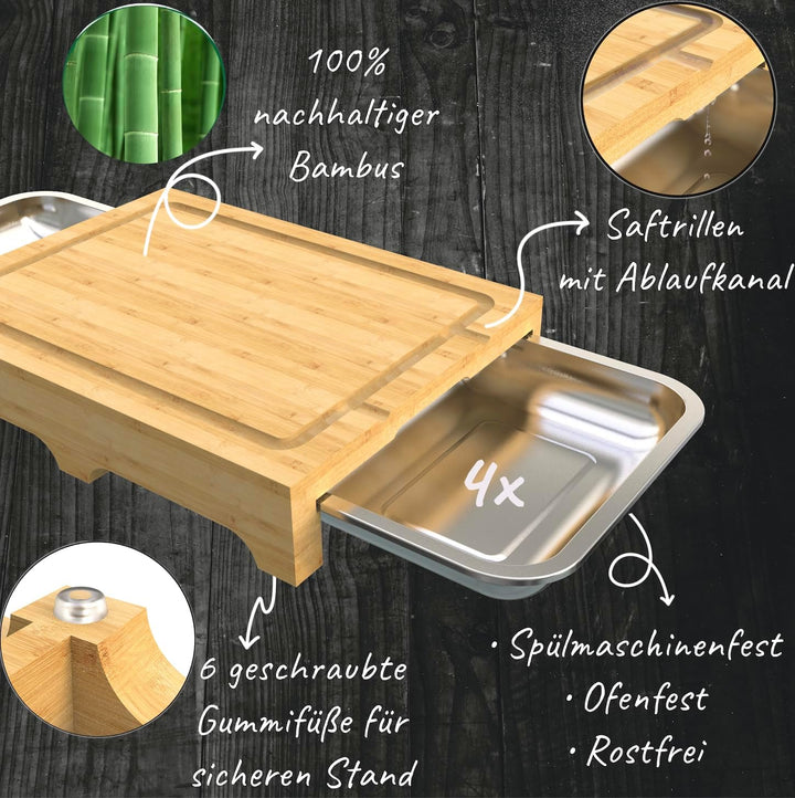 MARINDO Schneidebrett mit 4x Auffangschalen inkl. Saftrille | Schneidbrett aus Bambus | Auffangwanne