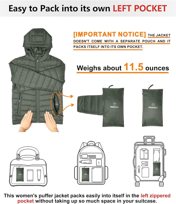 Damen Steppjacke Leichte Packbare Übergangsjacke Warme Winterjacke mit Kapuze für Frauen Gefüttert P